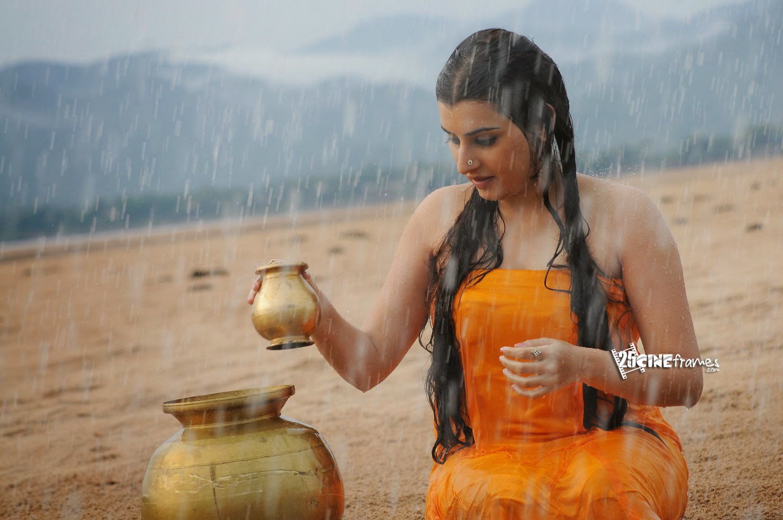 Archana Latest Hot Wet In Rain Hd Photos In Orange Dress -6002