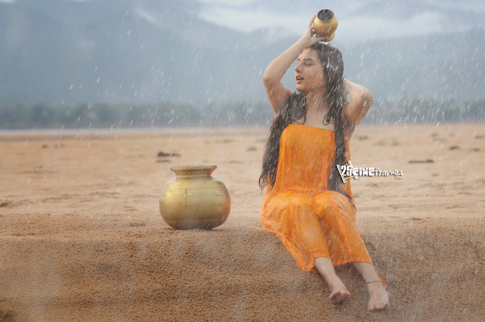 Archana Latest Hot Wet In Rain Hd Photos In Orange Dress -2301