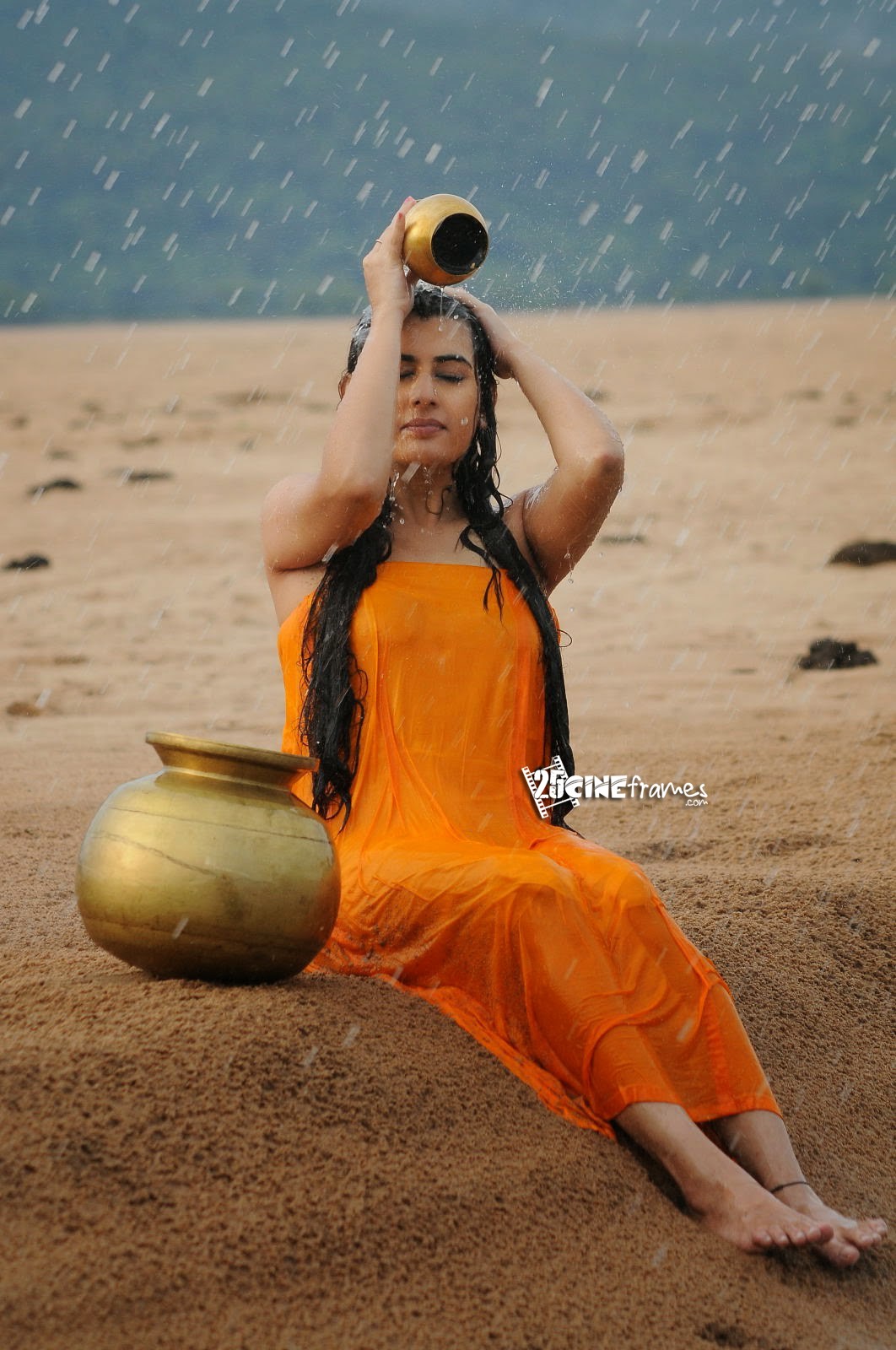 Archana Latest Hot Wet In Rain Hd Photos In Orange Dress -3983