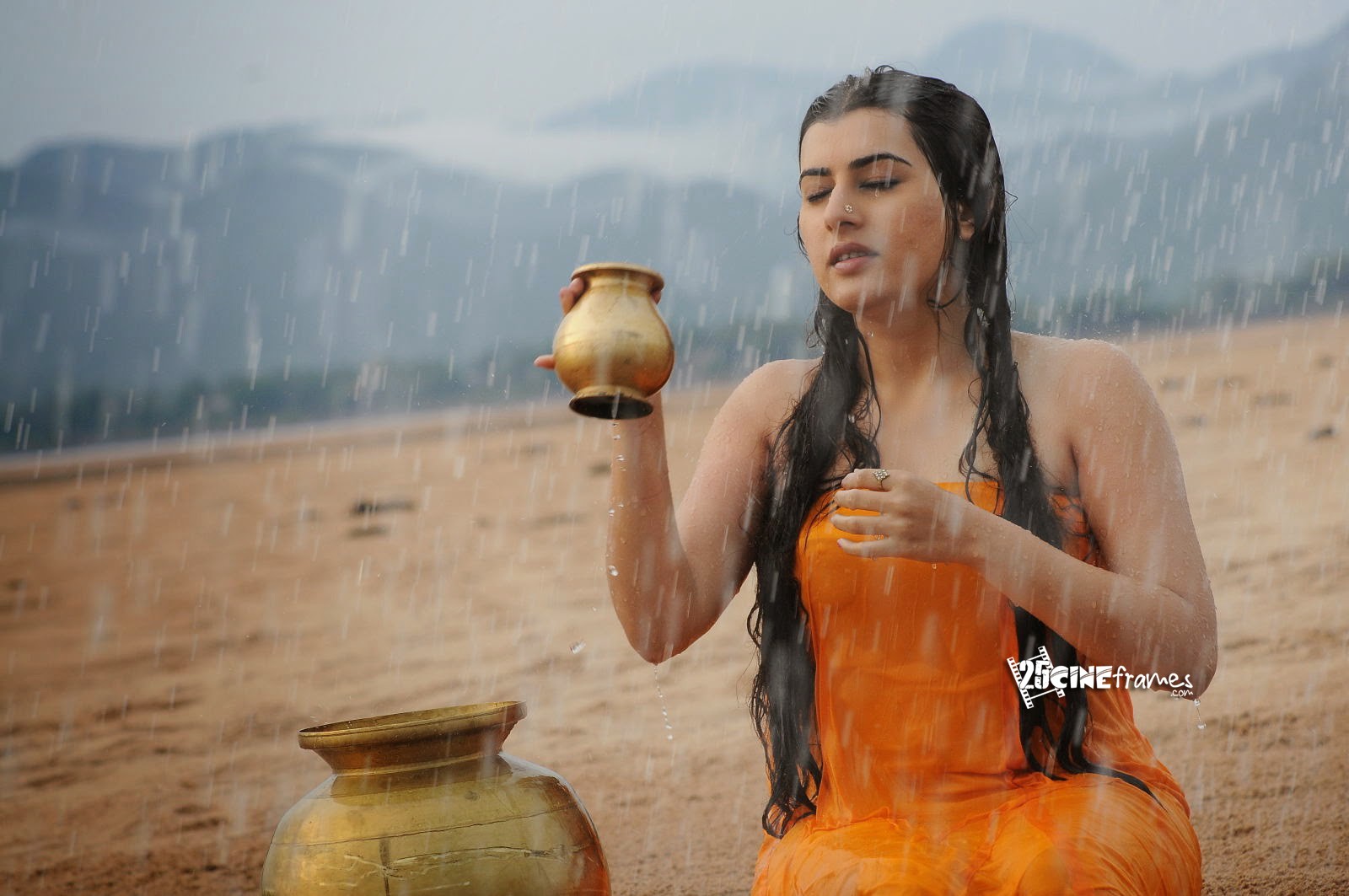 Archana Latest Hot Wet In Rain Hd Photos In Orange Dress -4177