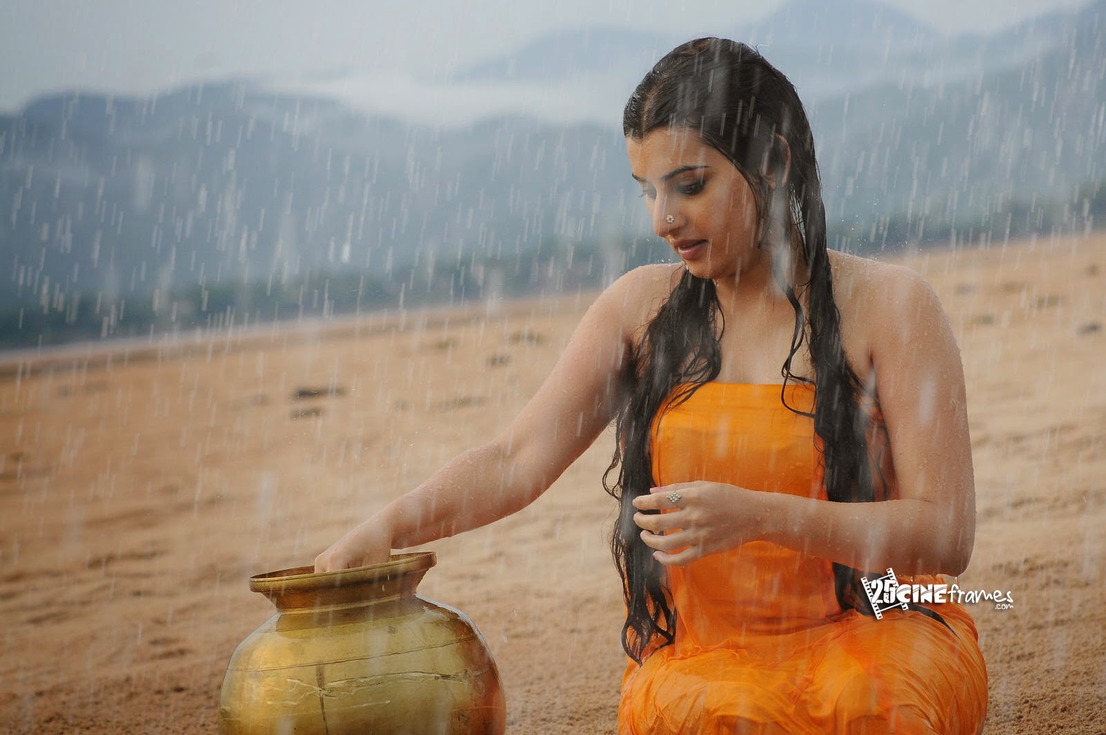 Archana Latest Hot Wet In Rain Hd Photos In Orange Dress -4807