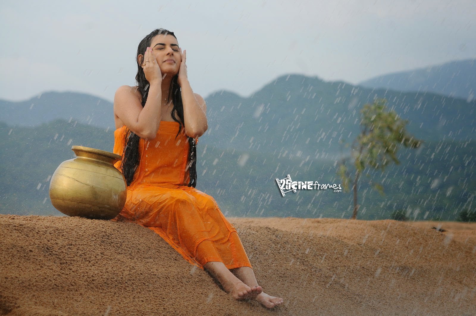 Archana Latest Hot Wet In Rain Hd Photos In Orange Dress -6133